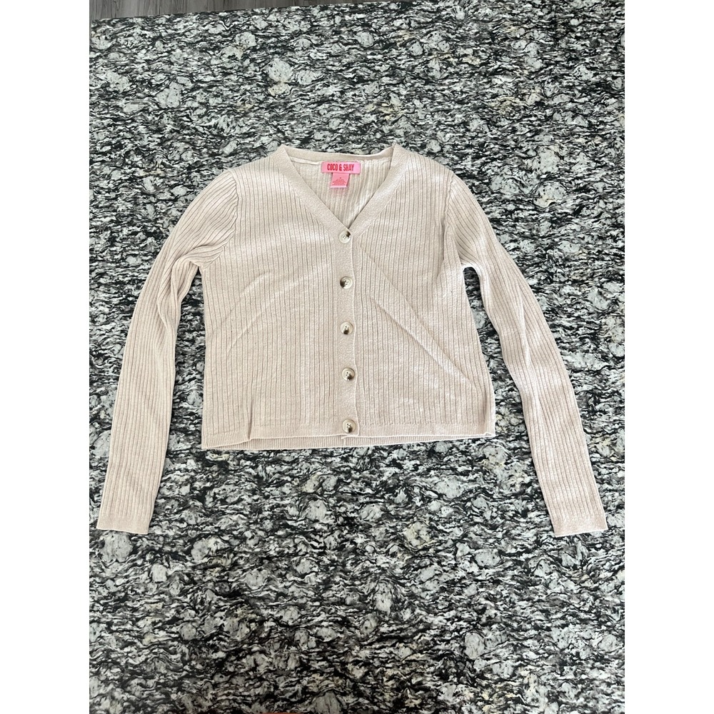 Coco & Shay‎ Cardigan Sweater Womens Medium Beige Tight Knit Ribbed Button Front